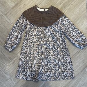 Floral Long Sleeve Dress with Brown Yoke